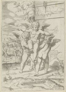 Amor ve üç putti by Giulio Bonasone (attributed to)