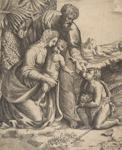 Sağda diz çöken Vaftizci Yahya ile Kutsal Aile, 1531-76. by Giulio Bonasone