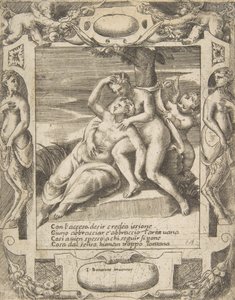 Ixion bir bulutu kucaklıyor, onun Juno olduğunu düşünüyor, sağda Cupid, ayrıntılı bir şekilde ayarlanmış..., 1531-76. by Giulio Bonasone