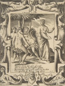 Sağda Juno dönüp Kaderlerle konuşuyor, ayrıntılı bir çerçeve içinde, 1531-76. by Giulio Bonasone