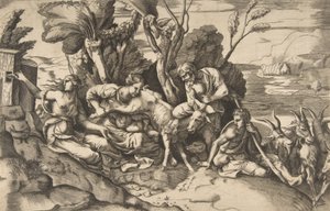 Jüpiter, keçi Amalthea tarafından emzirildi, 1531-76.. by Giulio Bonasone