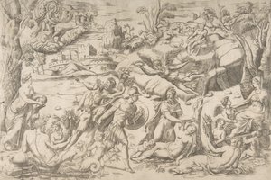 Mars ve Rhea Silvia: Merkezde Mars bir kalkan ve kılıç tutar, Rhea Silvia uyku..., ca 1531-76. by Giulio Bonasone