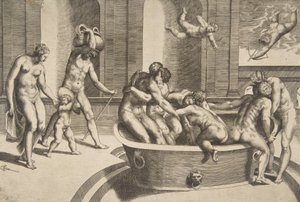 Erkekler ve kadınlar banyo yapıyor, bazıları kucaklaşıyor, 1531-76.