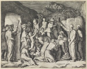 Musa, İsraillilere manı toplamalarını emreder ve Musa kayadan su çıkarır by Giulio Bonasone