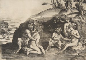 Periler ve Satirler banyo, 1531-76. by Giulio Bonasone