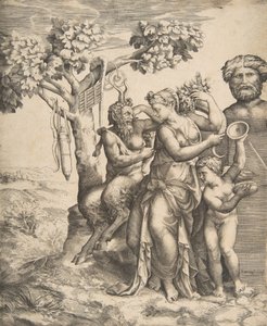Solda duran bir perinin yanında oturan pan, sağda Cupid tutan ziller, 1531-76.