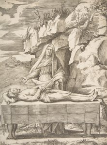 Pieta, İsa bir manzarada bir masaya uzanmış, Bakire kollarının arkasında duruyor ..., 1531-76.