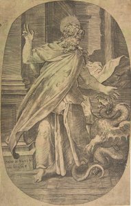 St Paul, mimari bir ortamda, oval bir kompozisyonda, engereklerin üstesinden geliyor, yaklaşık. 1540-70. by Giulio Bonasone