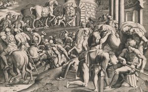 Tahta atı şehre çeken Truvalılar, 1545. by Giulio Bonasone