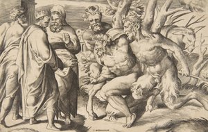 Solda ayakta duran Silenus Kralı Midas