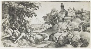 Bir Peyzajda Çobanlar, c. 1517-1518 by Giulio Campagnola