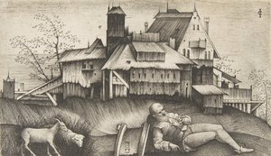 Bir manzarada yatan yaşlı çoban, arkada binalar, bir keçi ve bir koyun..., ca. 1500-1515. by Giulio Campagnola