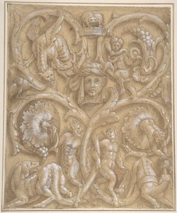 Rinceaux, Satyrs, Putti, Canavarlar ve İnsan Kafalı Süs Paneli Tasarımı, 1535-45. by Giulio Campi.