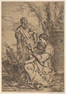 Bakire okumasıyla Kutsal Aile, Bakire solunda bir kitapla profilde oturuyor..., 1640-60. by Giulio Carpioni