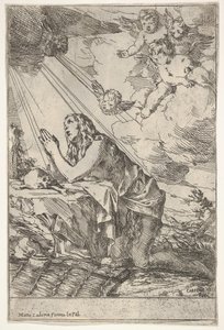 Tövbekar Magdalen, kayalık bir zeminde bir kafatası ve kemiklerin önünde diz çökmüş, bir merhem ..., yakl. 1640-55. by Giulio Carpioni