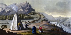 Sami manzarası: kuzey ülkelerinin (Norveç, Finlandiya, İsveç ve Rusya) topraklarında yaşayan yerli halk hasır sepetler yapıyor, bir çadırın yakınında balıkları temizliyor. Ferrario, ed tarafından “Eski ve modern kostüm” içinde. Milano