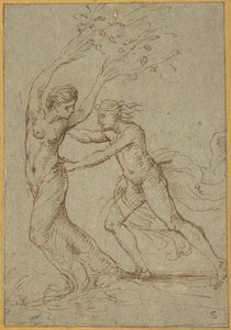 Apollo ve Daphne (yeşil-mavi serili kağıt üzerine kalem ve kahverengi mürekkep)