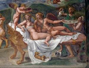 Aşk tanrısı ve Psyche, kızları Voluptas (Zevk) ile yatakta yatarken, Düğün ziyafetinden veya tanrıların Ziyafetinden detay, Giulio Romano (1499-1546), Palazzo Te, Mantua (UNESCO Dünya Mirası Listesi, 2008), Lombardiya, İtalya