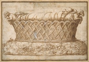 Bir bebek mezarı için tasarım (kağıt üzerinde kahverengi yıkama ile kalem ve kahverengi mürekkep) by Giulio Romano