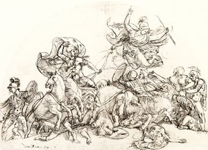 Pandarus tarafından yaralanan Diomedes, Pallas Athene tarafından teselli edilir by Giulio Romano