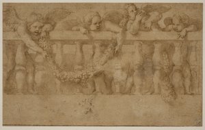 Çelenklerle bir korkuluk süsleyen dört kanatlı putti by Giulio Romano