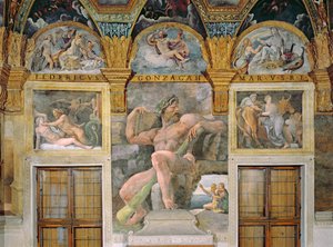 Jüpiter tarafından baştan çıkarılan Olympia, Acis ve Galatea'yı koruyan Polyphemus, Sala di Amore e Psyche'den Daedalus tarafından inşa edilen ineğe giren Pasiphae by Giulio Romano
