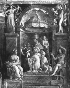 Papa I. Leo Büyük (c.390-461) iki Erdem arasında, Raphael Odaları (ayrıca bkz. 252780 ve 252781) by Giulio Romano