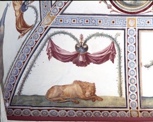 Uyuyan bir aslanın aşk tanrısı Frizinin Camera con fregio di Amorini Odası detayı, 1520