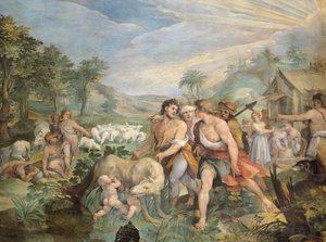 Kurt tarafından emzirilen Romulus ve Remus, Faustulus tarafından Tiber kıyısında, Giuseppe Cesari (1568-1640), fresk, Horatii ve Curiatii Salonu, Konservatuar Sarayı, Roma, Roma Krallığı, İtalya