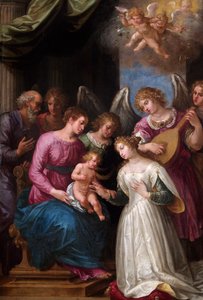 Aziz Catherine'in Mistik Evliliği (ceviz panel üzerine yağlı boya) by Giuseppe (1568 1640) Cesari