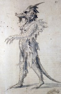 Bir ejderha için tasarım (kalem, mavi mürekkep ve kağıt üzerine sulu boya) by Giuseppe Arcimboldo