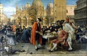 Ressam Francesco Guardi, tablolarını Florian kafesinin önünde satıyor. 1892. Giuseppe Bertini