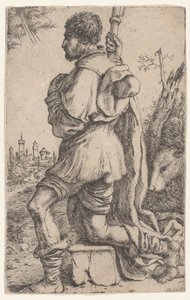 Aziz Roch, bir taşın üzerinde diz çökmüş, arkasında köpeğiyle yandan görülen..., 1620-30.