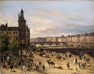 Çiçek pazarı, Saat Kulesi, Pont au Change ve Pont-Neuf, 1832. by Giuseppe Canella the Elder