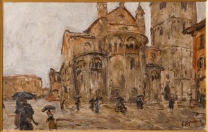 Yağmurda Piazza Grande (kontrplak üzerine yağ) by Giuseppe Graziosi