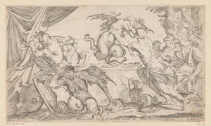 Aeneas ve arkadaşları Harpilerle savaşır Arpijae celebri lapsu de montibus adsunt (nesnedeki başlık) Aeneas