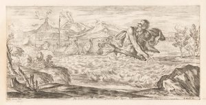 Polyphemus achtervolgt de vloot van Aeneas Burada Polyphemus mevcut, korkunç, ovada ilerliyor (nesnedeki başlık) Omzwervingen van Aeneas (dizi adı) Caracci tarafından L