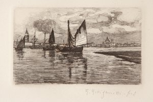Lagündeki Tekneler (beyaz kağıt üzerine gravür)