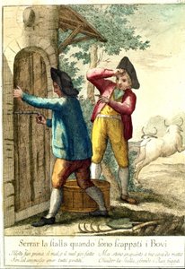 "Atlar kaçtıktan sonra ahırı kapatmanın bir anlamı yok." Bir dizi atasözünü gösteren 18. yüzyıl gravürü. Giuseppe Piattoli (1740/50-1818) by Giuseppe Piattoli