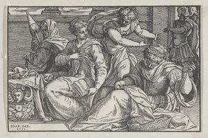 Lucretia, kızlarına iğne işi öğretiyor, 1557. by Giuseppe Porta