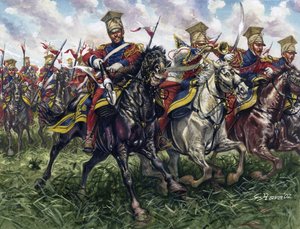 Birinci İmparatorluk: 18/06/1815 tarihinde Waterloo Muharebesi sırasında İmparatorluk Muhafızlarının Kırmızı Mızraklı Süvari Alayı veya Atlı Süvari Alayı - Birinci İmparatorluk: Wa Muharebesi sırasında İmparatorluk Muhafızlarının 2. Hafif Süvari Alayı (Kır by Giuseppe Rava