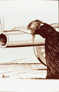 Birinci Dünya Savaşı: Bir savaş alegorisi, bir kadın, muhtemelen dul, umutsuzluk içinde, hala dumanı tüten bir topa güveniyor. Poster Giuseppe Scalarini (1873-1948) 1914 Özel Koleksiyon Dikkat! Bu çalışmanın kullanımı, bir yetkiliye izin verilmesi talebine by Giuseppe Scalarini