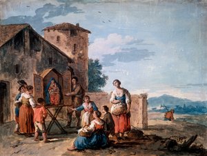 Ayakta Madonna heykeli, c1750 ile çadırın önünde bir grup köylü.