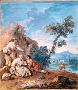 Bir nehir kıyısında dinlenen üç köylü, c1750.