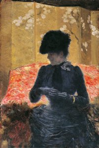 Kadın kırmızı kanepede by Giuseppe or Joseph de Nittis