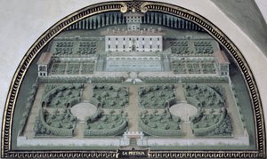 Medici villalarının manzarasını gösteren bir dizi lunetten Villa della Pretaia