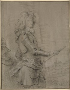 Zırhlı ve sağ elinde asalı bir komutanın dörtte üç portresi. Arka planda bir kasaba ile bir manzara by Godfrey Kneller
