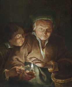Bir iç mekanda mumlarla yaşlı bir kadın ve bir çocuk by Godfried (after) Schalken or Schalcken