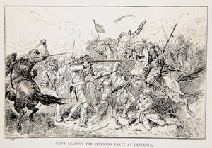Clive, Devikota'daki fırtınalı partiye liderlik ediyor, GA Henty, pub'ın "With Clive in India, or the Beginnings of an Empire"dan bir örnek. Londra, 1884 by Gordon Frederick Browne