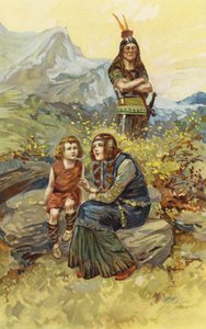 Tahvil-kadın ve oğlu Olaf sabah güneşinin altında oturdular (chromolitho) by Gordon Frederick Browne